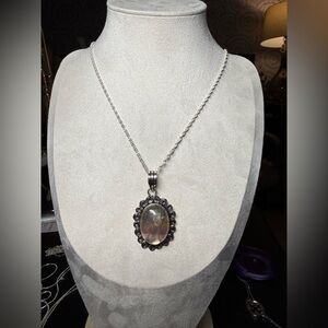 Sterling Silver Oval Pendant Necklace with Iridescent Stone - Women Jewelry